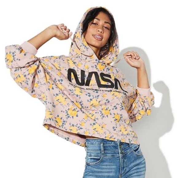 NASA Graphic Pink Floral Oversized Crop Hoodie Size XS Extra Small - Picture 1 of 6